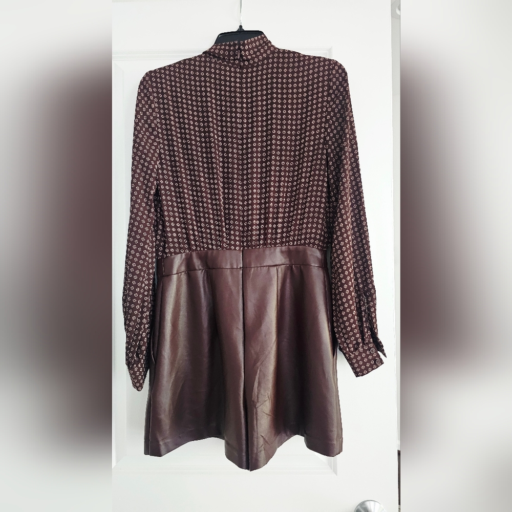 Brown Mixed-Media Dress with Printed Top